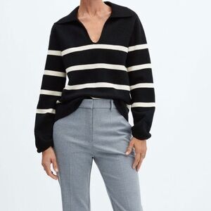 Mango Women’s Black White Striped V-Neck Polo Sweater Size XS